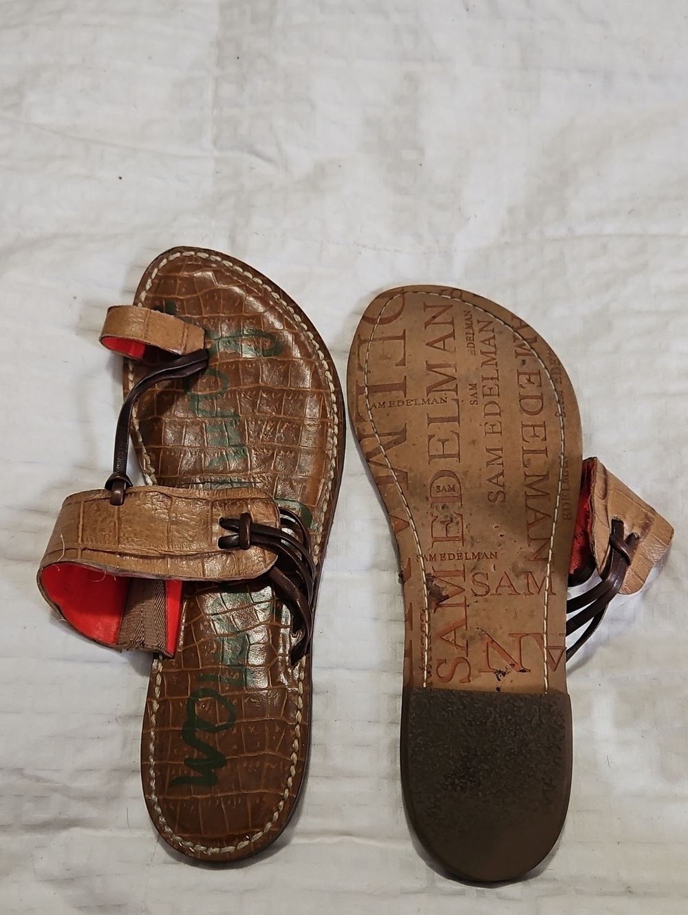 Sam Edelman Tan Croc-Embossed Leather Slide Sandals with Red Accents